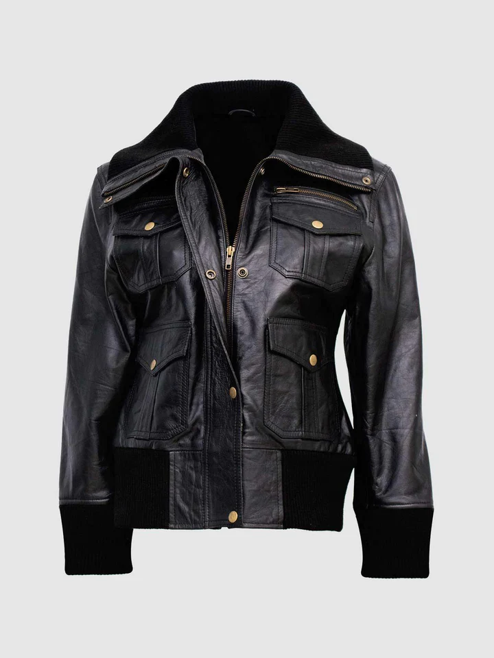 Womens Black Leather PullOver Hoddy Jacket, LongSleeve