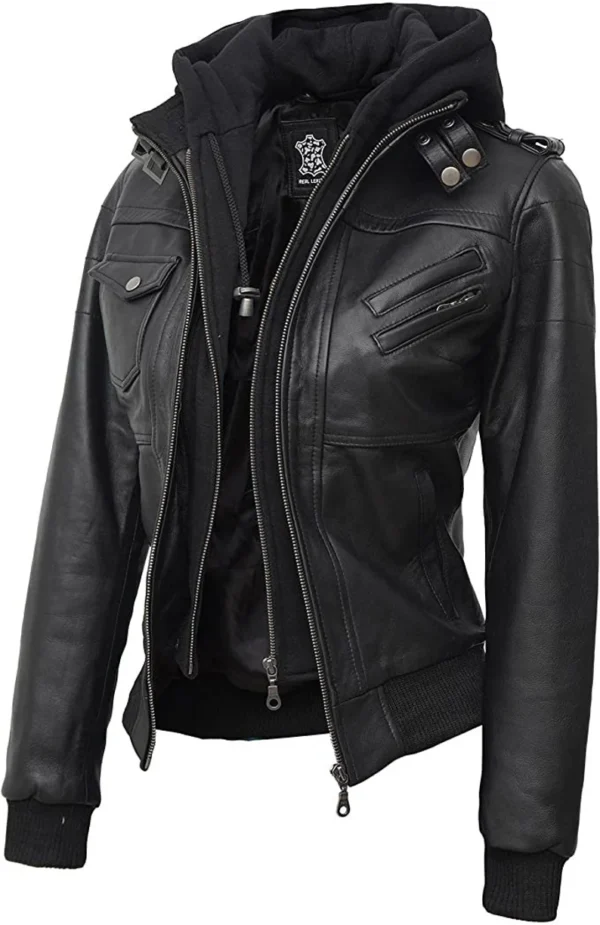 Womens Hoody Leather Jacket