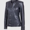 Womens Black CollarLess Leather Jacket, Mens Coat, Long Sleeve