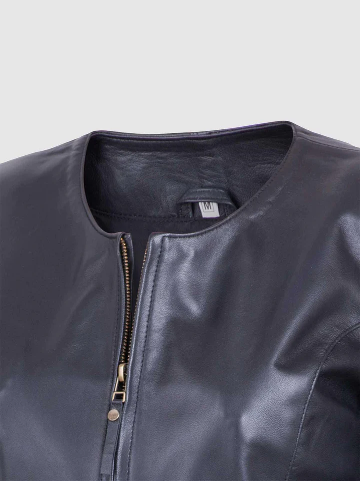 Womens Black CollarLess Leather Jacket, Mens Coat, Long Sleeve