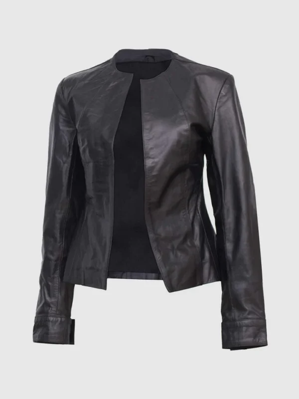 CollarLess Leather Black Jacket LongSleeve Womens