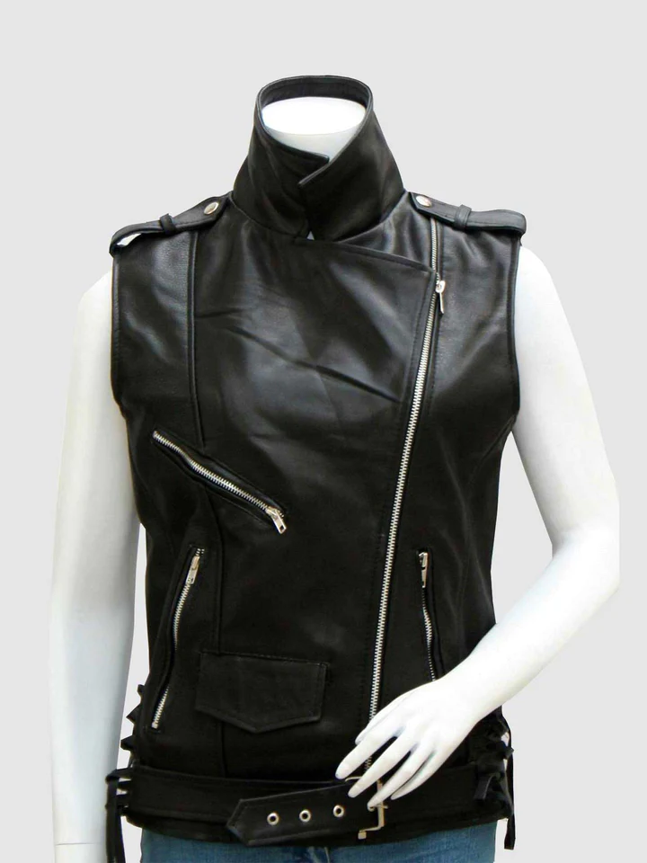 Womens Black Leather SleeveLess Vest Jacket
