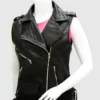 Womens Black Leather SleeveLess Vest Jacket